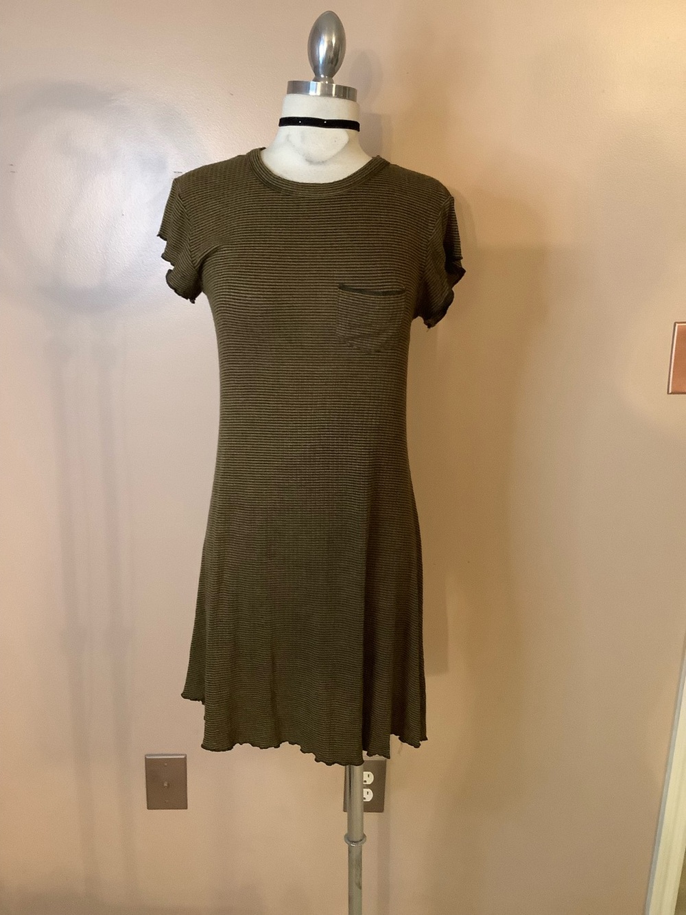 Urban Outfitters BDG Olive Green Striped Lettuce Hem Ribbed T-Shirt Dress MD 8.